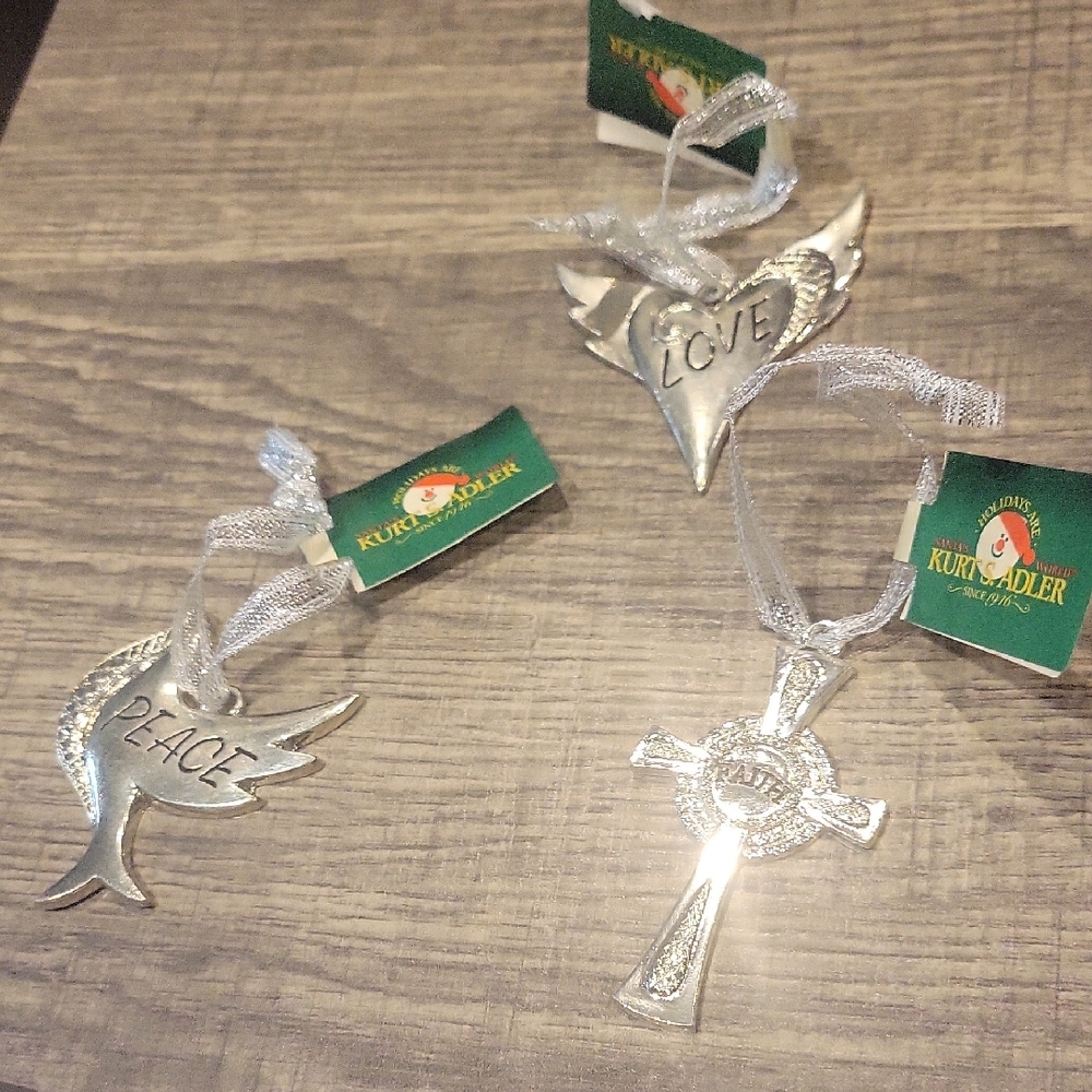 Kurt Adler 3) Piece Silver Holiday Ornaments Set/ NWT/ Miniature